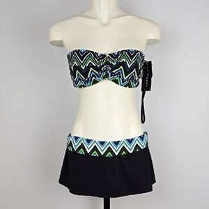 LA BLANCA Women's Black & Blue Chevron Bandeau Halter Skort 2 Piece Bikini Sz 10